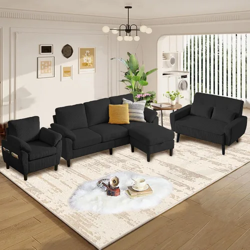 Miniatura 4 de Juego de sofá de pana moderno de 4 piezas, sofá modular en forma de L con otomana de almacenamiento, sofá biplaza y silla individual con bolsillos