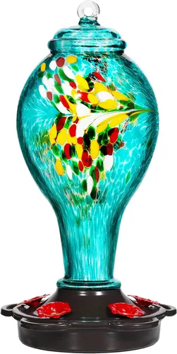 Miniatura 11 de LUJII - Comedero para colibríes de vidrio soplado a mano, nunca se decolora, 36 onzas líquidas, 5 estaciones de alimentación de metal, mucho más Azul