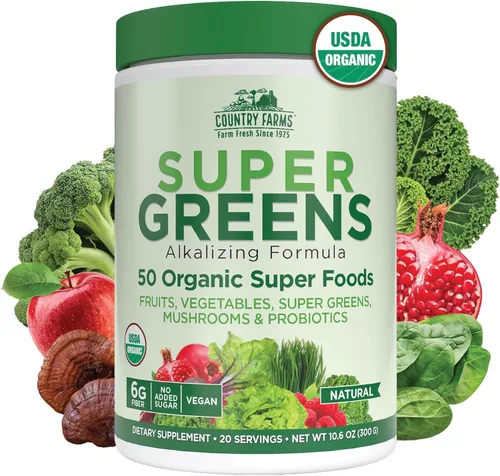 Miniatura 16 de Country Farms Super Greens Sabor piña y mango, 50 súper alimentos orgánicos, mezcla de bebida orgánica USDA (pasto de trigo, espirulina, clorella)
