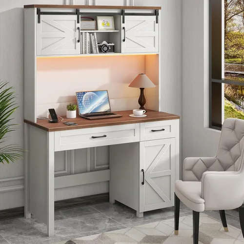 Miniatura 12 de Escritorio ejecutivo Farmhouse de 67" de altura con estante superior, escritorio de oficina con 4 cajones y luz LED, mesa de computadora con Gris