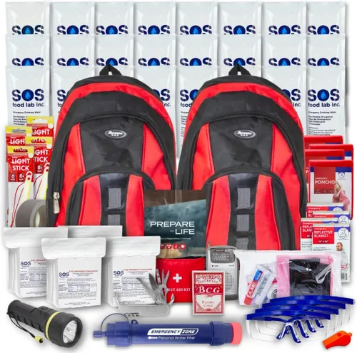 Essentials Kit completo de supervivencia de lujo para 2 y 4 personas | Bug-Out-Bag | Kit de bolsa de emergencia para incendios forestales, huracanes