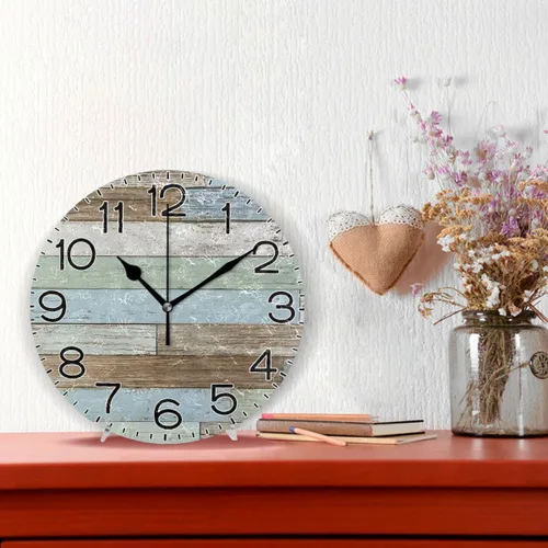 Miniatura 2 de Reloj de pared de madera azul y marrón, estilo rústico costero, decorativo, redondo, funciona con pilas, sin tictac, silencioso, cuarzo analógico