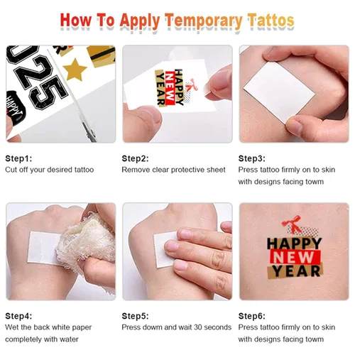 Miniatura 8 de 65 piezas de suministros para fiesta de Año Nuevo, 12 hojas de calcomanías de tatuajes temporales, decoraciones de feliz año nuevo, decoración NYE
