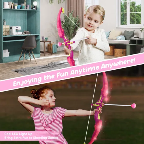 Miniatura 4 de Arco y flecha para niños, juego de tiro con arco con luz LED con capa de princesa y corona, 10 flechas de ventosa, objetivo y carcajes, juguete al