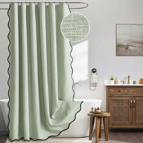 Miniatura 20 de MIULEE Cortina de ducha festoneada de lino texturizado con 12 ganchos de metal, bonita cortina de ducha de tela gruesa resistente, lavable, Negro