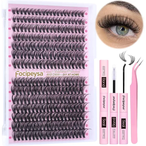 Miniatura 7 de Focipeysa Kit de Extensión de Pestañas D Curl Clusters de Pestañas 280pcs Kit de Extensión de Pestañas DIY 40D Pestañas Individuales con Adhesivo