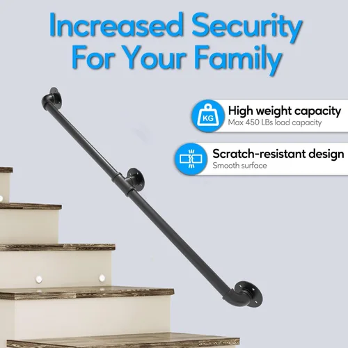 Miniatura 5 de Barandilla de tubo para escalera Rectoo, pasamanos de escalera de metal de 3 pies, pasamanos de hierro industrial galvanizado negro para soporte