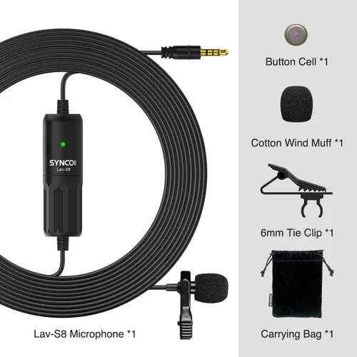 Miniatura 9 de SYNCO Micrófono Lavalier para DSLR, Lav S8 Micrófono de solapa para iPhone Cámara PC Android Reducción de ruido Auto-Emparejamiento Omnidireccional