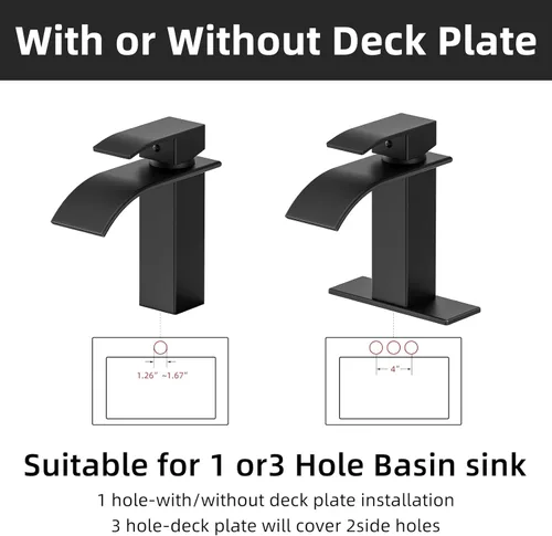 Miniatura 4 de Ryuwanku Grifo de Baño Negro Mate Moderno de Cascada para Lavabo de Baño con Mango Único Adecuado para 1 o 3 Orificios, Incluye Placa de Cubierta