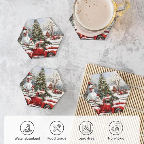 Miniatura 5 de Juego de 4 posavasos de invierno de Navidad para bebidas, camión rojo, árbol de Navidad, posavasos de cerámica absorbentes para mesa de café, bar