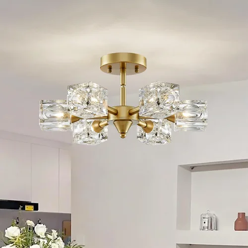 Miniatura 18 de XINGQI Lámpara de techo moderna de 6 luces, lámpara de montaje semiempotrado Sputnik, lámparas de araña doradas en negro para recámara, comedor