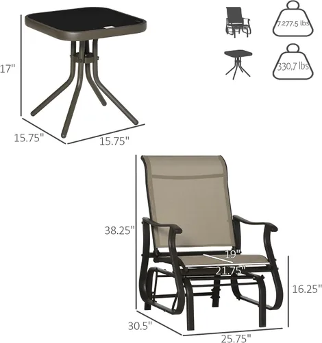 Miniatura 7 de Outsunny Juego de 3 planeadores para exteriores, mesa de bistró y sillas con marco de acero, mesa superior de vidrio templado para patio, jardín