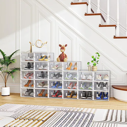 Miniatura 12 de Paquete de 6 cajas de zapatos apilables de plástico transparente, cajas organizadoras de zapatos con tapas para tenis, estuche para zapatos hasta