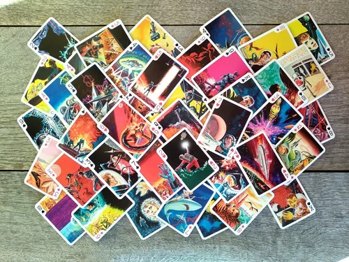 Miniatura 4 de Batallas con alienígenas jugando a las cartas (baraja de póquer 54 cartas todas diferentes) Cómic de acción espacial retro vintage de ciencia