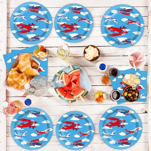 Miniatura 7 de Suministros para fiesta de cumpleaños de avión, sirve 24 platos de papel para fiesta de avión, juego de servilletas de mantel de avión, kit