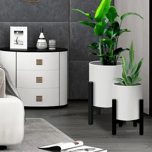 Miniatura 7 de Juego de 2 macetas con soportes, macetas de mediados de siglo para plantas de interior, macetas decorativas modernas para flores para balcón, Blanco
