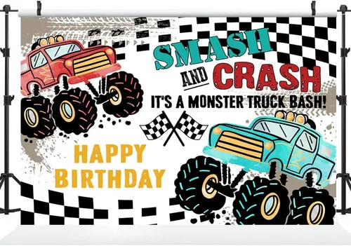 Miniatura 2 de Ticuenicoa Grave Digger - Fondo de cumpleaños de Monster Truck – Fondo de cabina de fotos con diseño de llama de 5 x 3 pies para niños, decoración