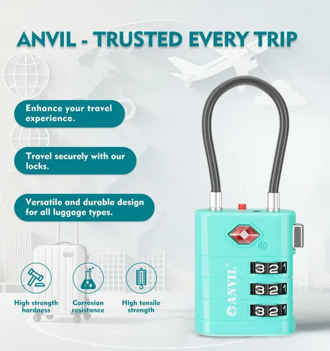 Miniatura 4 de ANVIL Cerraduras de equipaje aprobadas por la TSA - Cerraduras de viaje combinadas TSA008 de alta seguridad con indicador de inspección para maletas