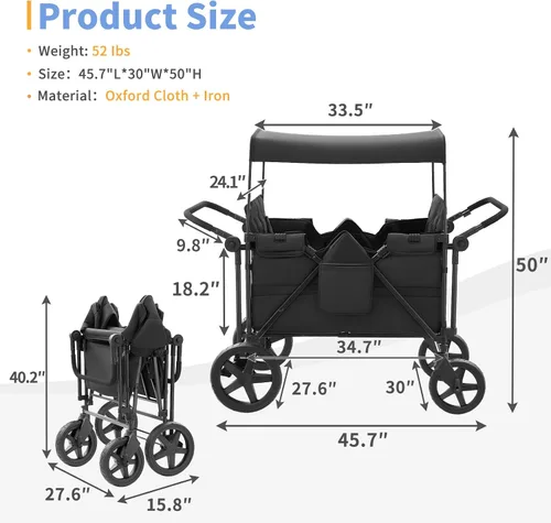 Miniatura 7 de Cochecito para 4 niños, cochecito de 4 plazas con 4 asientos altos con arneses de 5 puntos y toldo ajustable, cochecito plegable de doble barra