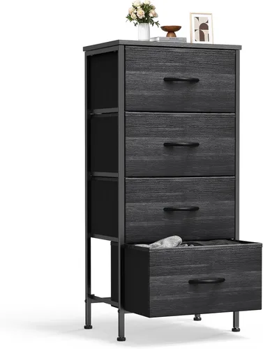 Miniatura 22 de Sweetcrispy Cómoda alta de tela para dormitorio, cómoda delgada de 6 cajones, torre de almacenamiento estrecha con parte superior de madera y marco