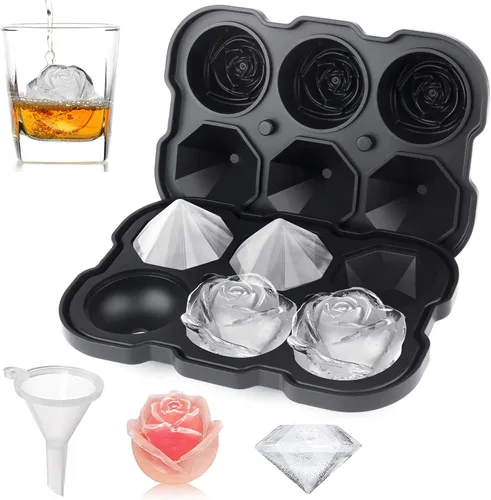 Mikiwon - Bandeja para cubitos de hielo, bandejas de cubitos de hielo rosa de 2 pulgadas con tapas, bandeja de hielo de rosas de silicona de 3 Negro
