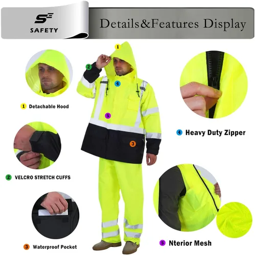 Miniatura 6 de sesafety Chaqueta de Lluvia de Alta Visibilidad, Trajes de Lluvia para Hombres Impermeables con Fondo Negro, Abrigos de Lluvia para Hombres