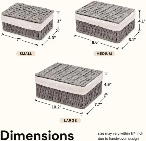 Miniatura 5 de Cestas de almacenamiento con tapas, juego de 3, cestas de mimbre tejidas anidables, cestas decorativas con tapa para estantes, dormitorio, baño, Gris