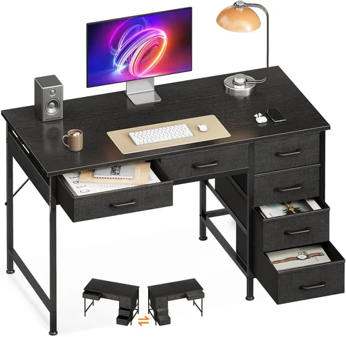 Casaottima Escritorio pequeño para computadora de 40 pulgadas con 6 cajones, escritorio de almacenamiento reversible para oficina en casa, mesa de