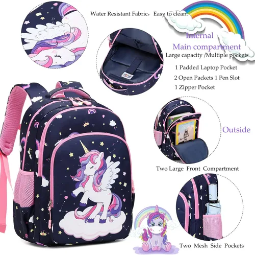 Miniatura 27 de Juego de mochila para niñas con diseño de unicornio, mochila escolar para niños, mochila para libros para niñas, set 3 en 1, regreso a clases