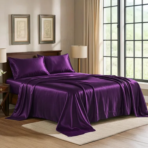 Miniatura 27 de Pure Bedding Sábanas de satén individuales [3 piezas, plateadas] Juego de sábanas sedosas de lujo para hotel, juego de sábanas de microfibra extra