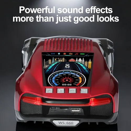 Miniatura 4 de WSTER Altavoz Bluetooth de lujo modelo de automóvil deportivo con sonido HD, emparejamiento estéreo TWS, pantalla de visualización, micrófono Rojo