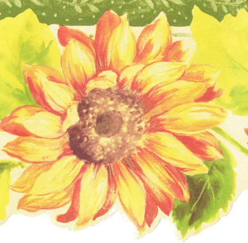 Concord Wallcoverings - Papel tapiz retro con girasoles con flores grandes y hojas sobre un fondo blanco, colores verde y amarillo, tamaño 5 1/4