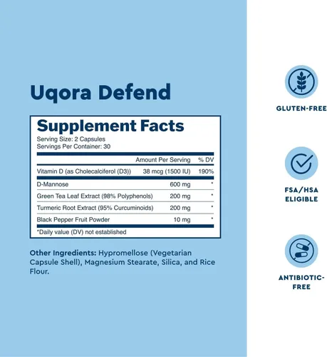 Miniatura 3 de Uqora Defend - Suplemento para la salud del tracto urinario - Apoya la salud de la vejiga y limpia la biopelícula* con D-manosa, extracto de té