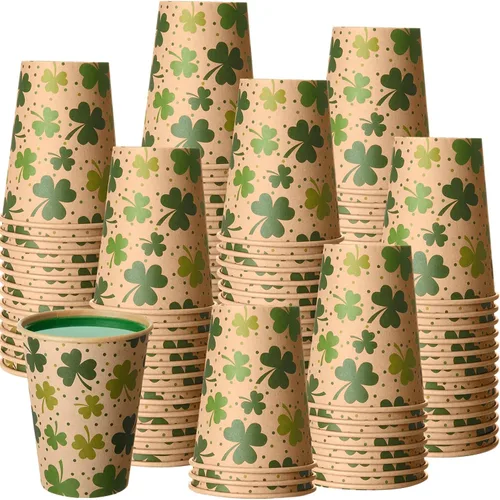 Miniatura 8 de Jingmore 50 tazas de café de papel kraft de trébol del día de San Patricio, 12 onzas, desechables de trébol verde irlandés, vasos desechables