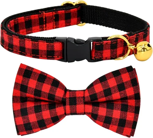 Miniatura 37 de Collar de Gato Azul con Diseño de Búfalo a Cuadros, Conjunto de Lazo para Boda/Cumpleaños, Collar Separable para Gatito