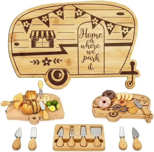 Foldable RV Charcuterie Boards Gift Set for Serving - Happy Camper Bamboo Cutting Board with Utensils, House Warming Gifts New Home, Wedding,