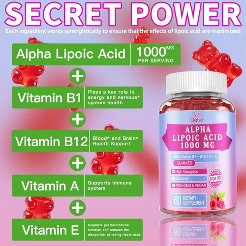 Miniatura 2 de Gomitas de ácido alfa lipoico de 1000 mg con vitamina B1, B12, A, E, suplemento de ALA masticable de alta absorción sin azúcar para apoyo