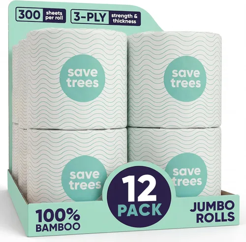 Save Trees Papel Higiénico de Bambú - 12 Rollos de Papel Higiénico Orgánico, 3 Capas, 300 Hojas por Rollo - Libre de PFAS, Certificado FSC, Libre de