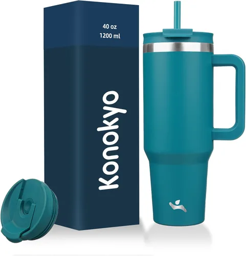 Miniatura 31 de Konokyo - Vaso de 40 onzas con asa y 2 pajillas, botella de agua aislada 2 en 1 con tapa. Taza de viaje de acero inoxidable para café, flores