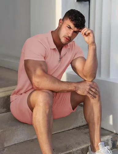 Miniatura 4 de URRU Conjunto casual de polo y pantalones cortos de manga corta para hombre, conjunto de dos piezas, conjunto deportivo con cremallera para hombre