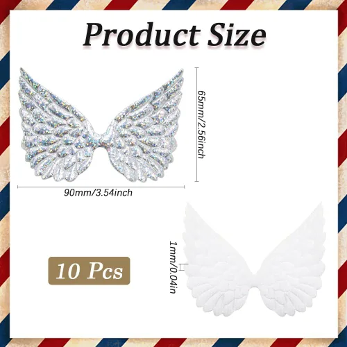 Miniatura 2 de 3.54 pulgadas, 50 piezas de alas de ángel plateadas, parches pequeños de tela en relieve brillante con polvos de purpurina, apliques bordados