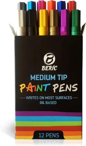 Miniatura 2 de Beric - Paquete de 12 bolígrafos de pintura prémium a base de aceite, punta media, escribe en casi cualquier cosa, colores vibrantes resistentes al