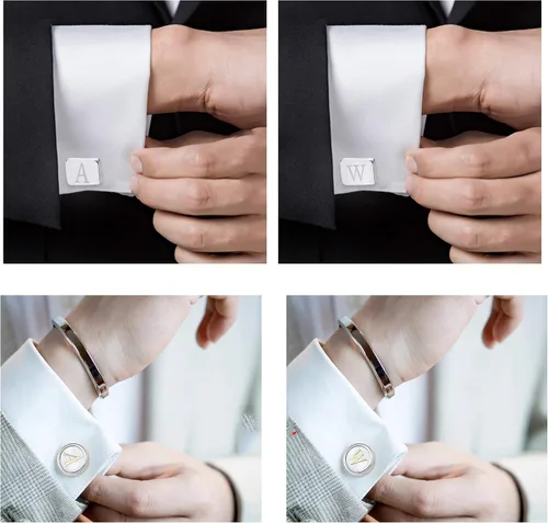 Miniatura 6 de LOYALLOOK 4 pares de gemelos con inicial para hombre, diseño de letras, diseño de alfabeto, para negocios, boda, día del padre