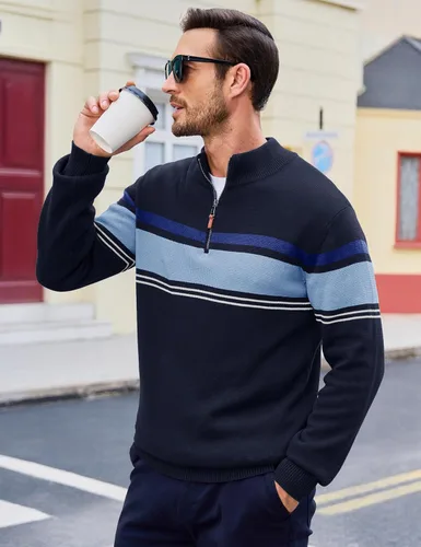 Miniatura 9 de MAGCOMSEN Suéteres de algodón con cremallera de 1/4 para hombre, suéter tipo polo, a rayas, para otoño e invierno, sudaderas cálidas