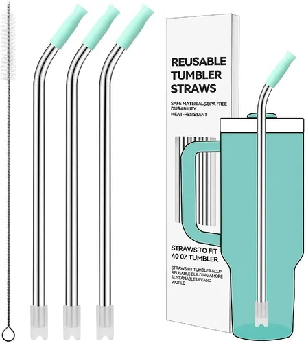 Miniatura 28 de Pajitas de metal rectas para vaso Stanley de 40 onzas, paquete de 3 popotes reutilizables de acero inoxidable con puntas de silicona y cepillo Gris