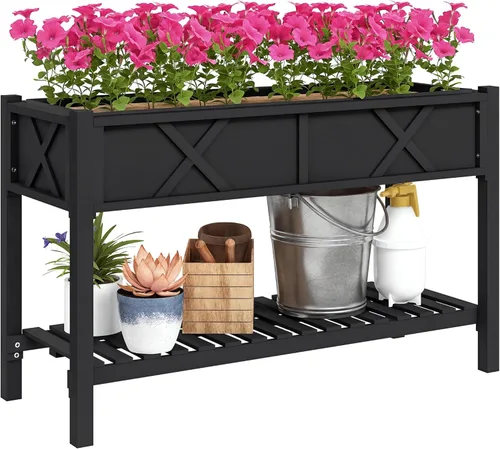 Outsunny Cama de jardín elevada, maceta de madera elevada con estante de almacenamiento, agujeros de drenaje y forro para patio trasero, patio, Negro