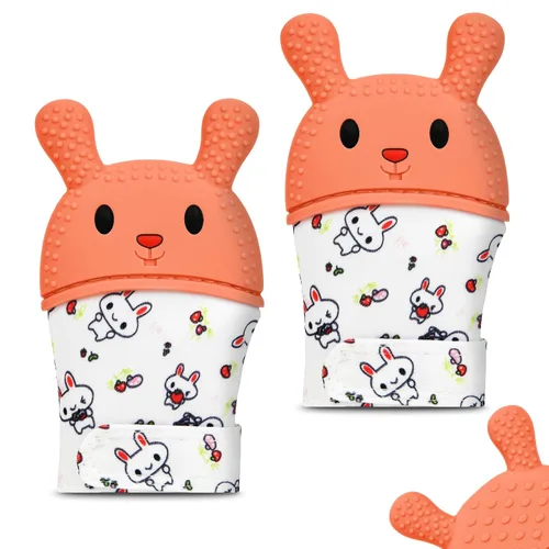 Miniatura 15 de Paquete de 2 guantes de dentición de silicona, juguete de dentición de vaca para bebés de 0 a 6 a 12 meses, guantes de dentición de silicona