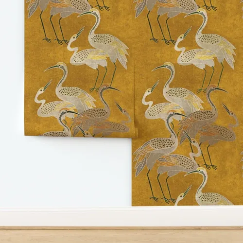 Miniatura 4 de Spoonflower Papel tapiz para despegar y pegar - Grúas Art Deco Golden Birds Gold Oriental Texture Silver Papel pintado extraíble personalizado
