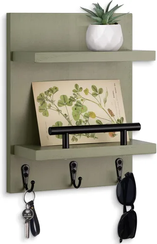 Miniatura 8 de Soporte de pared para llaves, decoración de estante de correo con 3 ganchos para llaves, organizador de pared de madera versátil para entrada
