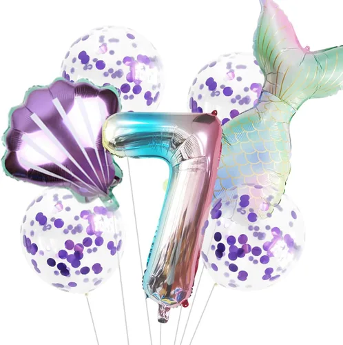 Miniatura 13 de 7 globos de sirena con números para fiesta de cumpleaños de 1, 2, 3, suministros de decoración de cola de sirena para niñas (número 0)